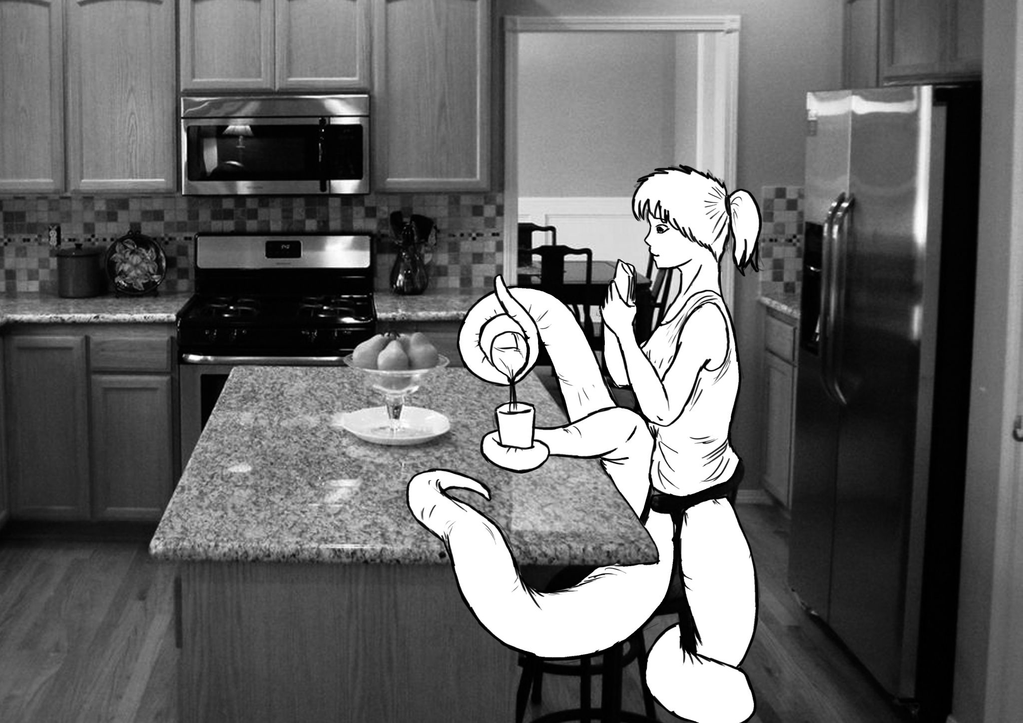 tent012
I realized that I had to be more of an active thinker, and use my tentacles to my advantage. For example, I was very proficient at doing household chores, such as cooking and cleaning. I could stand on two of my tentacles, and essentially have four hands to work with. I also had to think of practical disadvantages, and ways to cope. For example, I had no way of sitting on a stool, which was the kind of chair that dominated my kitchen. If I sat on one of them with four tentacles, I would simply slide off in whichever direction I focused my spine’s weight on. The solution: wrap my back tentacle on one of the legs of the stool, so that I don’t fall while sitting. I tried to work all the negative thoughts out of my head, and, for the most part, it worked. They wouldn’t help me at all with my homework, but, who needs legs to do that?
