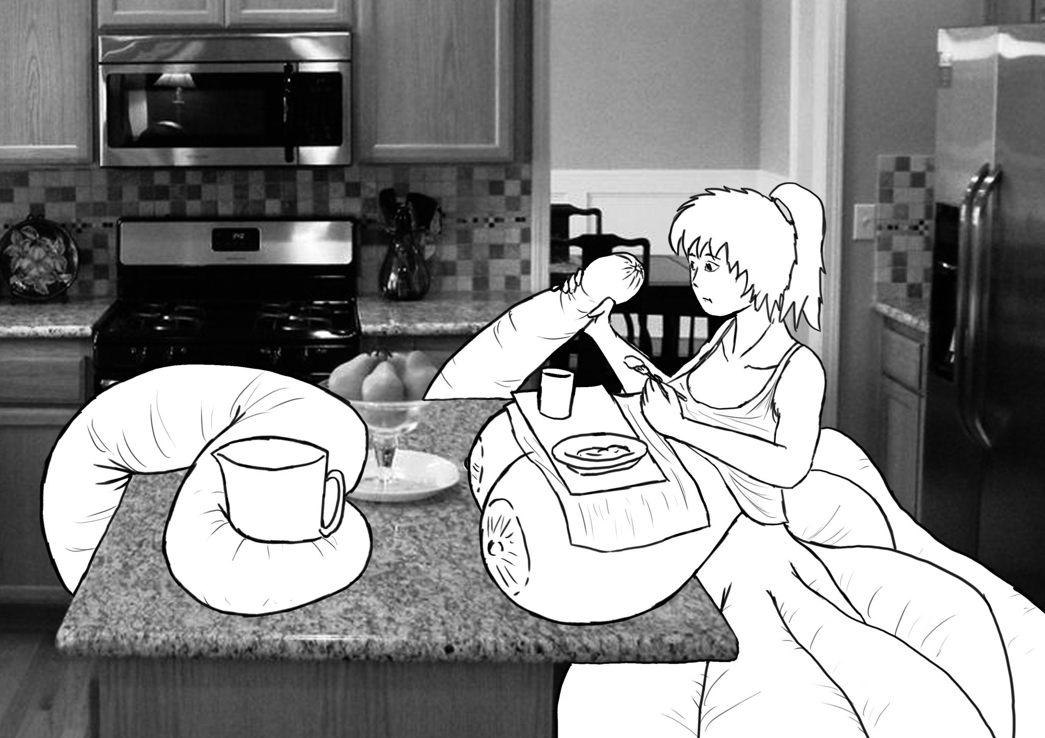 tent029
That same day I tried to keep doing normal things at home, clean the house, make me food, work on the computer ... but that night, while having dinner, I entertained myself in detailed inspection of that was happening to the ends of my tentacles. The skin was wrinkled right at the tip, and it looked like there was a hole.
