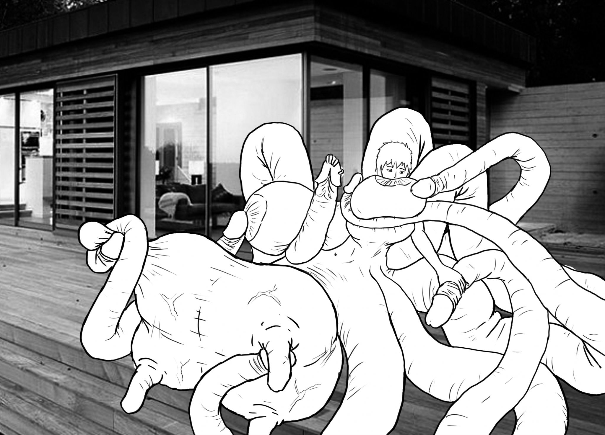 tent040
Maybe it was the alcohol, maybe it was that I felt safe, or maybe it was just that for the first time since the transformation began, I felt comfortable with my body. Anyway, I found myself caressing one of my tentacles. Would it be possible I have never done this before? It felt very nice. I picked up and moved the foreskin up and down, and the feeling was even better. And I thought, one moment, if this is just one I can remember I have seven more ... And indeed, this was a beggining. The next level was lick, God, that feeling, I was getting hotter. I felt a tingling in my nipples also seems to me that required my attention, but sometimes I forgot my ability to handle several things at once, so in the end, had occupied all my tentacles. The sensations are multiplied! I come to a point where it seems to me I stopped being conscious myself, and just acted instinctively, trying to find more and more pleasure ....
