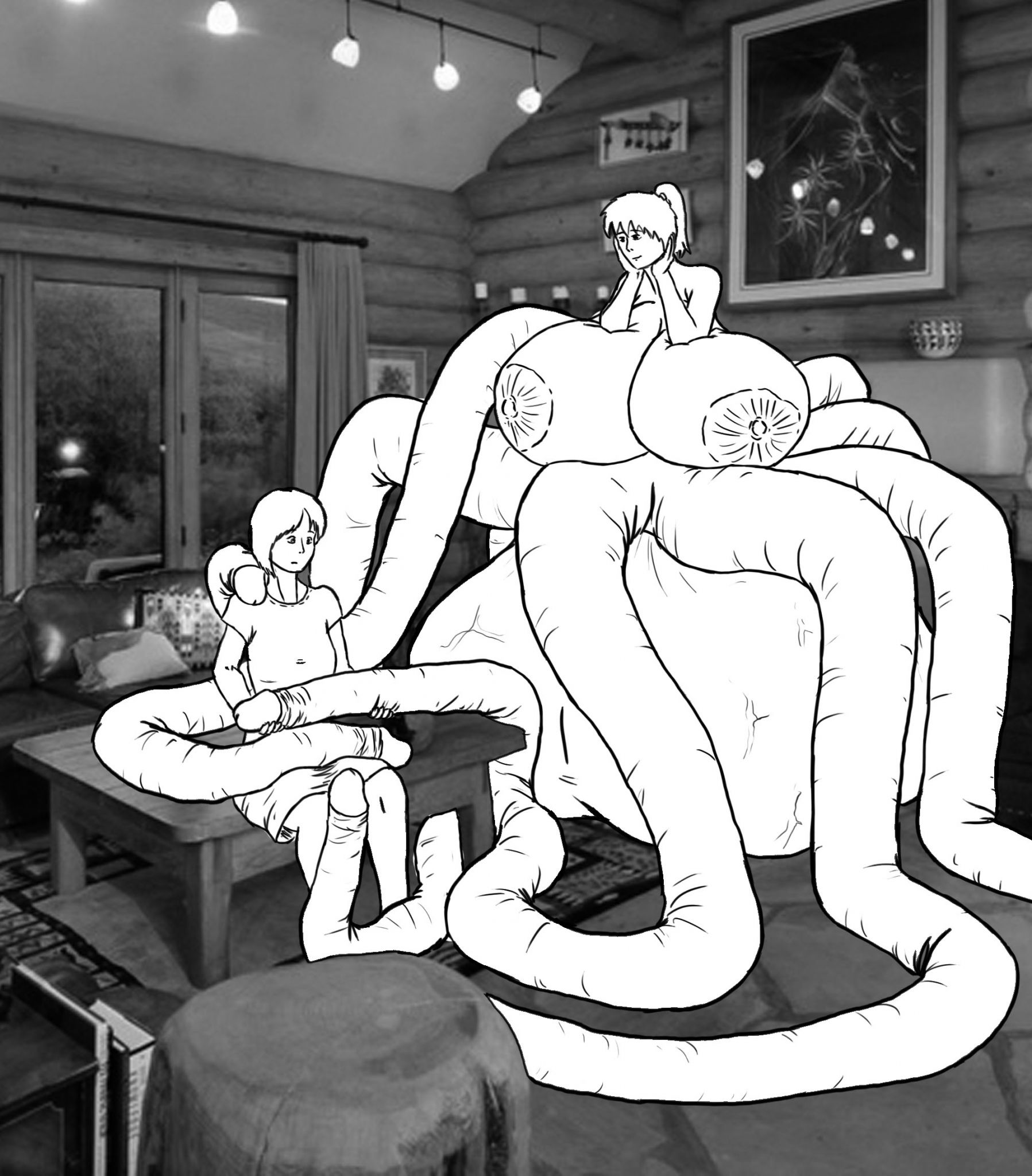 tent059
"Wow, they are heavy ... I had never seen such a big penis" Rose said as she examined one of my tentacles.
"And they work ... you know, like a penis?" she asked again
"Of course I do. They are fully functional. In fact I must be very careful with what I do with them. More than once I've hurt manipulating what I should not," replied
"I understand. Maybe you should make some kind of gloves for them, so you could go a little more protected," Rose said
"It is not a bad idea, really"
"I could help you, I'm good at sewing ... It is very difficult to manipulate the eight at the same time? Do not you doing a mess?"
"At first when I started to grow and were no more than two feet long, yes, indeed, they were always hanging with almost had no control over them. But gradually gained control over them. And after so time and I've grown accustomed. "
While saying this, I was approaching more tentacles around her. Her curiosity grew, and what I thought at first it was repulsion towards my body was becoming something of fascination for him.
