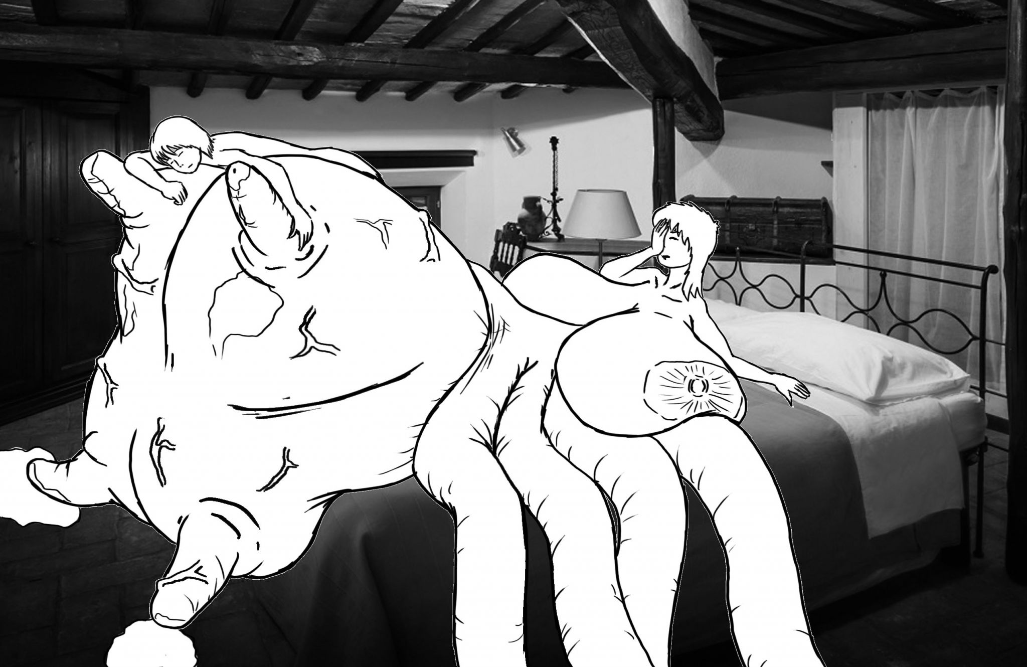 tent064
When I woke up, I seemed to have been drinking all night, because I had the feeling of hangover. But when I opened my eyes... it happen the same. My breasts and udders were again as big as a small car. Now it's clear, with this fucking body, every time i have sex, happen the same. Now I must to spend all day milking myself, until i become smaller to go out through the door... But.. where is Rose? Oh, she fell asleep over my udders, I'm sure she is comfortable there.
It was a really great night. I never had so much pleasure, all eight penises feel really great, and I can use them as many times as I want. But sadly, so much pleasure have secondary effects...And Rose, I'm sure she has enjoy as much as me, she was so enchanted with my body... God, I think she really love my body much than I do... I think what happened with Rose is the best it could happen. I think I can believe she will be at my side. I can trust in she... Now it's time to wake up!
"Rose...how you feel this morning...?"
