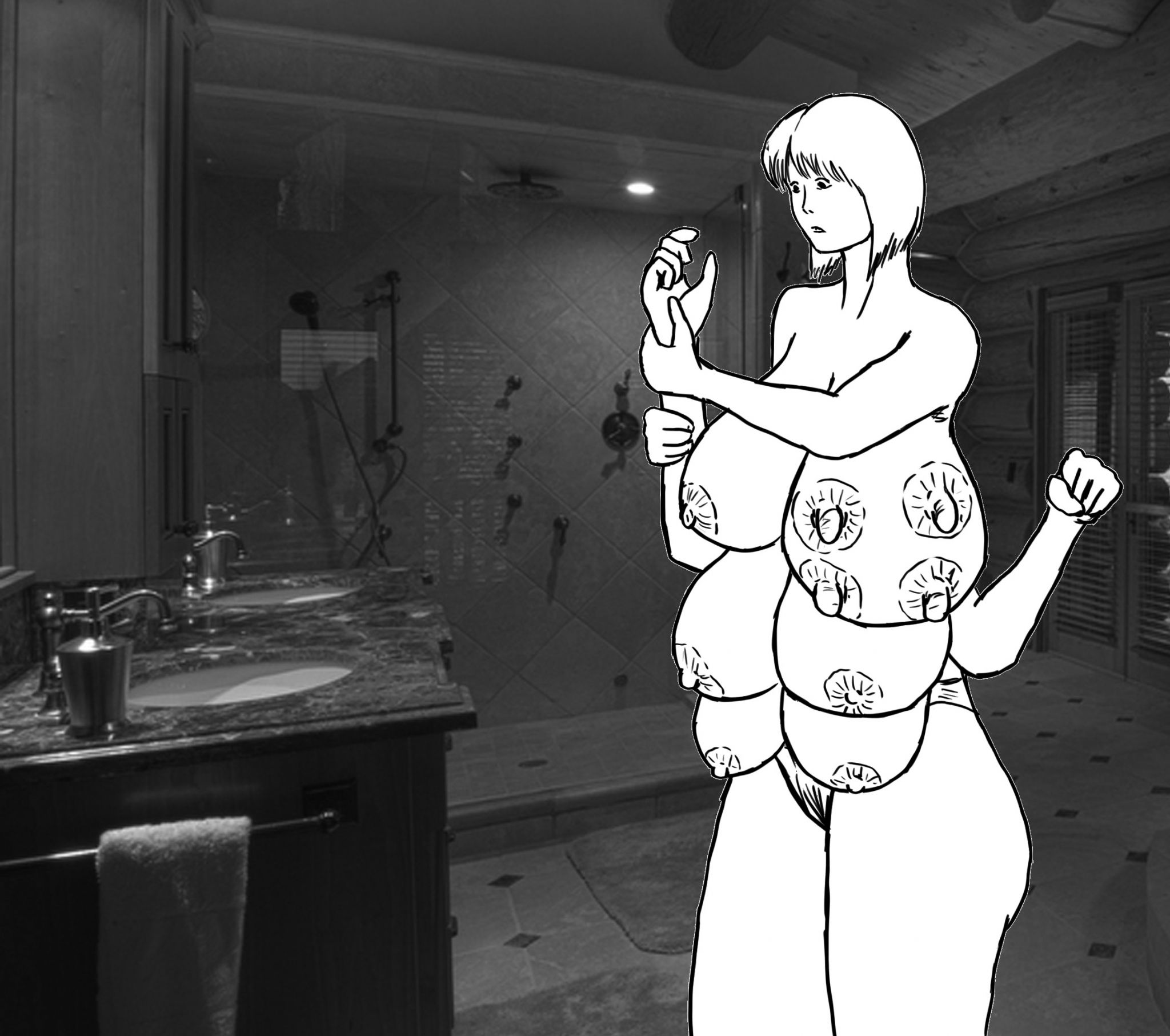 tent075
She spent almost two hours at the bathroom, examining herself and his new body. She also noticed that her legs was shorter than before, but also her torso was a bit longer, so she was being as tall as before. Her new arms was real, she can fel them, but they still don't obey her orders. But something inside her knew that it was just a time question she could control them. The most bizarre was not only her multiple breasts, also her top left breast. Much bigger than the rest, her nipples was everyday longer. It was clear that the transformation process was just started. And in the same way than me.. nobody knows what is going to happen later...
