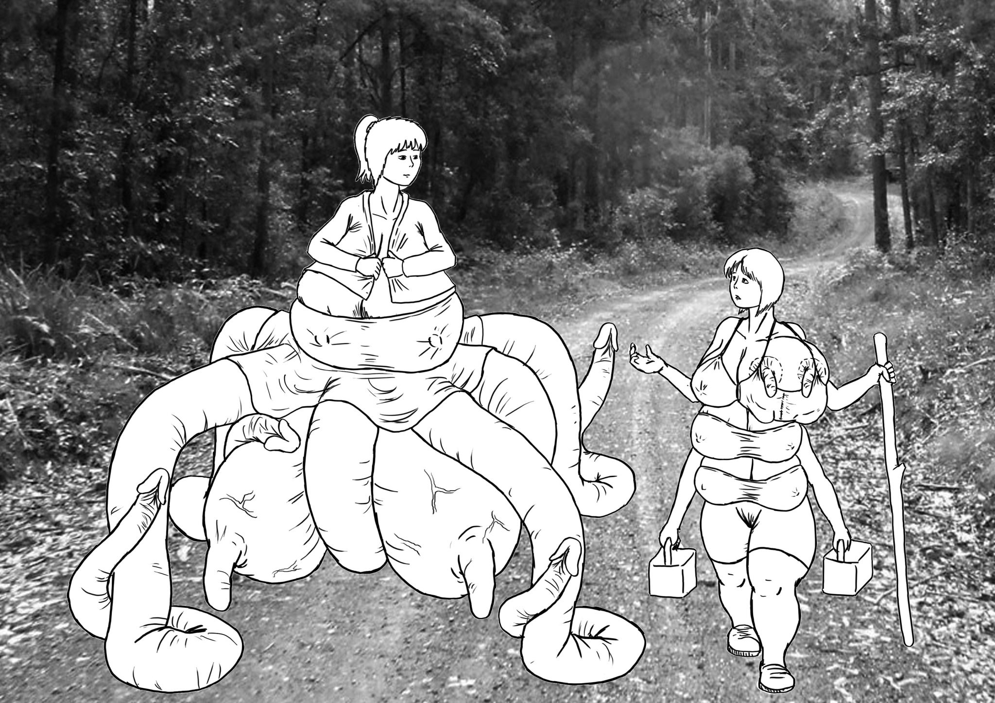 tent076
A few days passed, and Rose transformation become more clear. Her breasts become bigger, the nipples of the top left breasts become longer, her legs shorter, and she learn to control her two new arms. She was getting used to her new condition, and it seems she accept her new body and the changes. It seems she could be happy here with me, alone in this forest, without contact with anybody. I also was happy to have someone to talk with, and to share my time. We even walk along the forest, talking about all. Our lives, our bodies, our thoughts, etc..
Summer was finishing, and cold start to be more present. Rose was wondering if I had clothes for me for the winter, and it was clear I was not prepared to protect me from the cold. She knew about manufacture clothes, so she offered to design me new clothes for me and my new body, also for her, of course. IT was something I didn't think about, but she was right, I need to do something...
