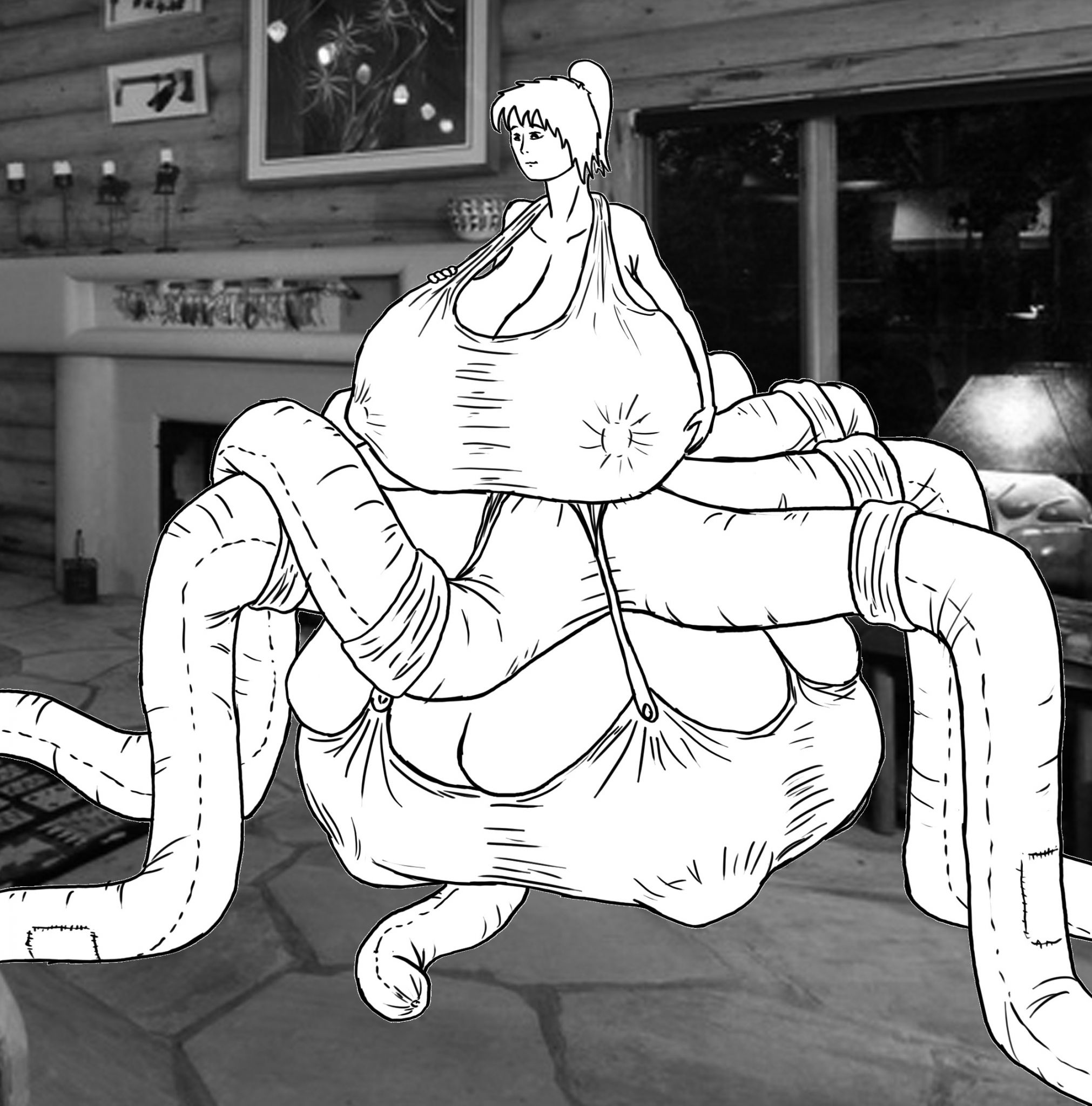 tent079
and of course, clothes for my upper part. Of course, there are no commercial bras for such size of breasts, but this is more than enough. I have all this meat mountains finally quiet, and thanks that they are big enough to rest on my tentacles, my back not hurt. Now my look seems more ... "normal"? not at all, but i'm now more civilized
