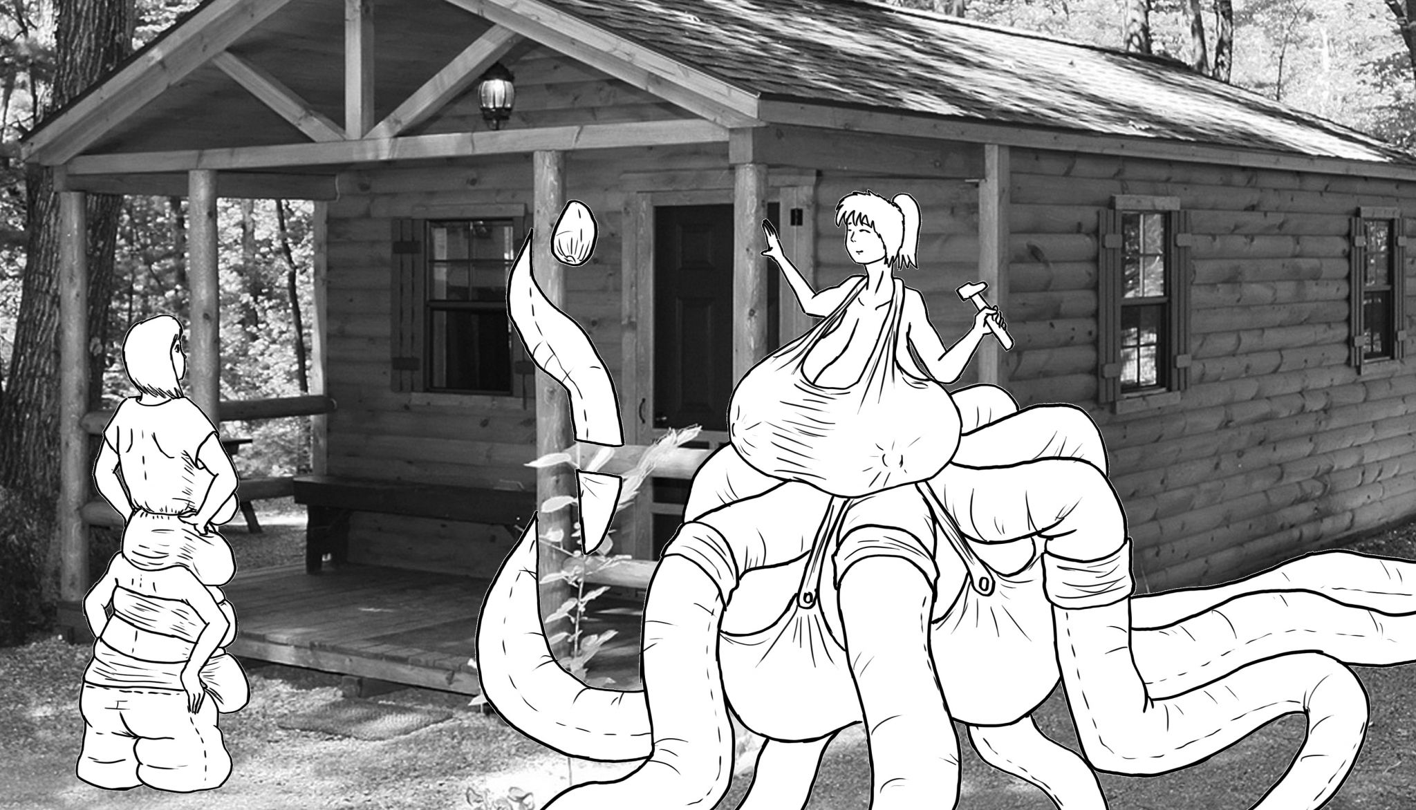 tent082
Some days passed since this big Rose transformation, and our lives keep with the same routine. Selling my milk, working in the new home, I was keep working in my online business, and Rose helping me to clean, making food, milking me, and all.. We were a great team, but every day I realised all these things was more difficult for her due to his new condition. But her condition doesn't avoid to keep working in new clothes for us, she develop trousers and bras for her new legs, and for all her breasts. She had skills for such matter.
One day, finally, the new building was over, and I showed to Rose proudly. Now I would have a great room for my and my size, to have all my tentacles scattered for everywhere, to be milked without get wet the bed, and such things...
