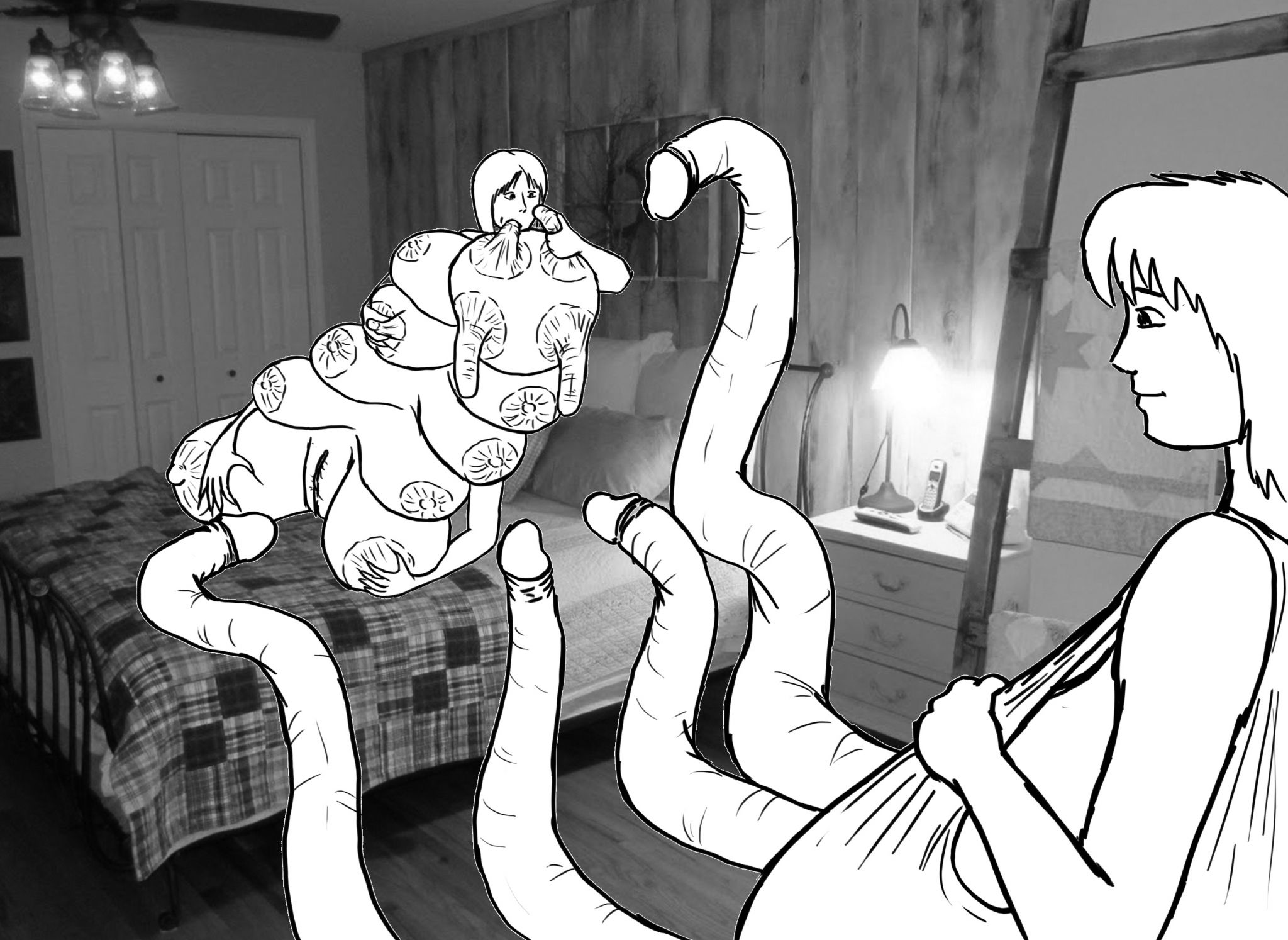 tent085
I was hearing strange noises at the other side of my room... and quietly I moved to see what was that sound. I see her playing with herself, and I realised in that moment of the new transformation. She didn't realised of my presence, so I keep quiet watching how she was touching her breasts.. playing with her new and huge clit... and time by time I was getting more and more horny. Then... as if my tentacles had her own conscience, four of them started to get closer to Rose... She suddenly realised of my presence, as she saw how four huge cocks was approaching. She didn't scared, and she keep playing, as if she cannot stop doing that. My cocks start to touch her breasts... she was more and more excited... and then I suggested:
"In my room we have much more space..."
She smiled with a teat in her mouth, and I take her with my tentacles and bring to my room, to continue the job....
