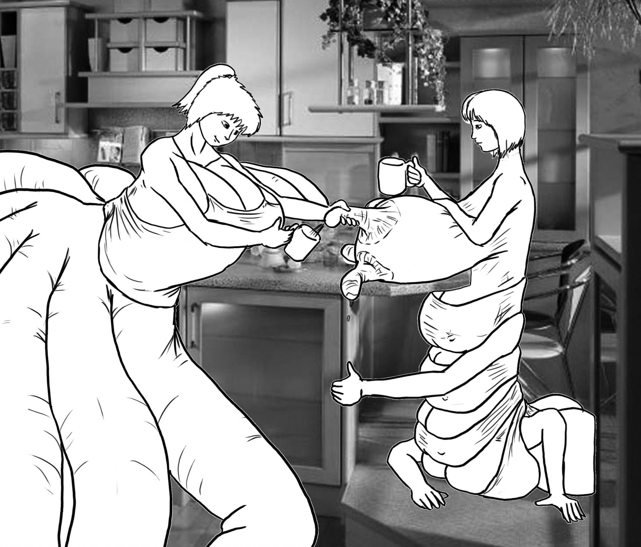 tent091
We started to love our routine. These two weeks becoming the best period of time for us. We tried not to have sex all this time, and it seems the sudden transformations have stopped for now. Rose udder keep producing milk, and it's sweetest than mine. IT's really great, so all breakfast I cannot avoid to try it. I think Rose doesn't mind i take it. In fact she needs to be milked daily, as me.
Our milk business gets more and more money for us, all cash, of course. As the anonymous contact was one of the conditions, and the Rose friends was getting lot of money, anyone make questions. We get more money we need, and they too, so all happy. For now all is great. I hope all this paceful time keeps for more time...
