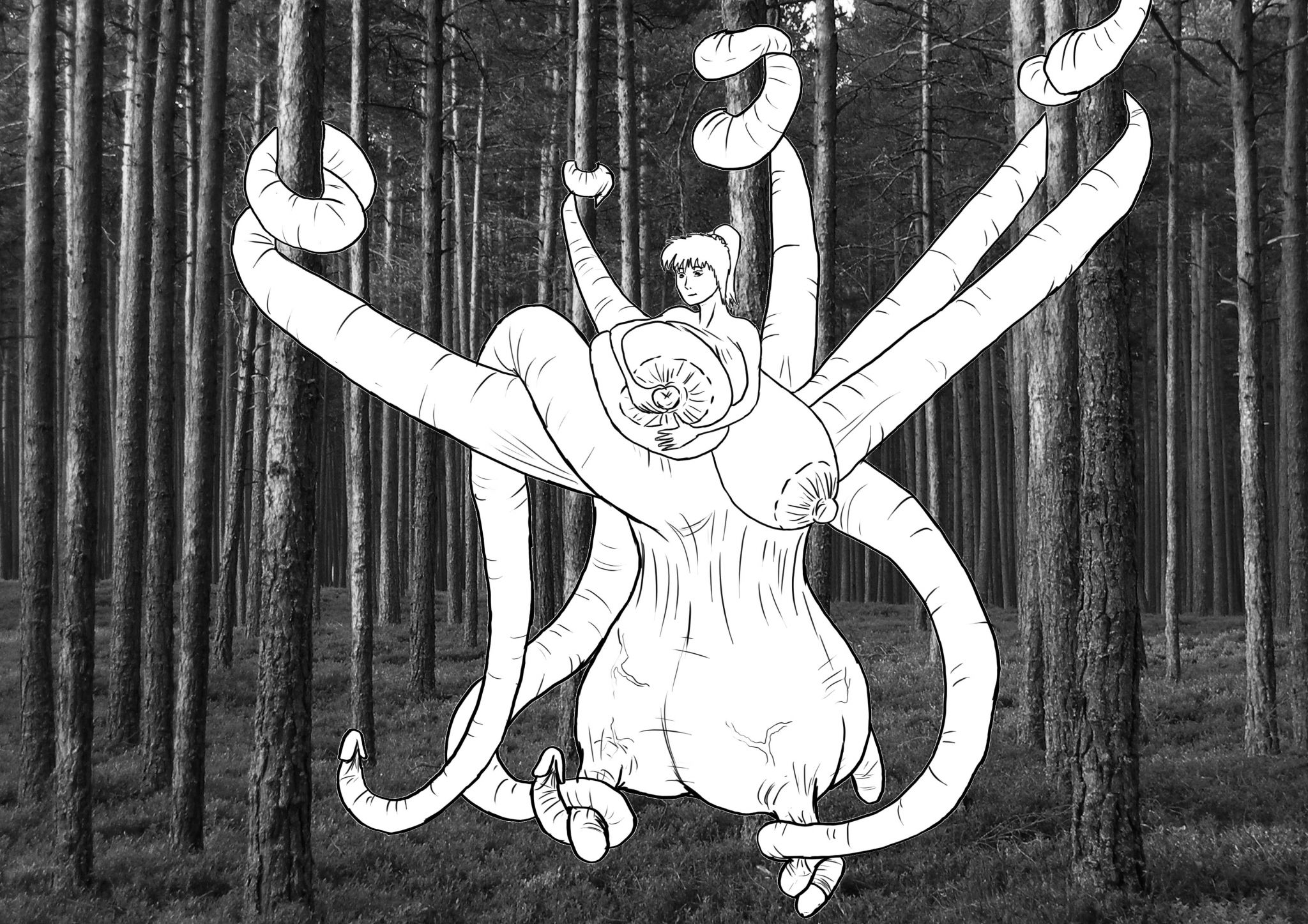 tent099
While Rose and Tara finished milking each other, Tent took off her clothes and went off a little ways into the woods. She felt rather full herself after her long journey, and needed to release her milk. Her skin was tough enough to move through the forest, but it still wasn't pleasant to constantly being poked by twigs and leaves. Looking up, Tent wrapped her penis-tentacles around some trees and heaved herself up until her huge, full udder was hanging above the ground.
"What a year it's been," She thought as she used her hands to milk her breasts. "My last birthday I couldn't even stand up straight, and now I'm hanging from the trees like a spider!"
A few of her penis-tentacles unwrapped from the trees and slid down to her udder, wrapping around the fat teats and milking them onto the forest floor.
"Mmm..." Tent hummed to herself as the milk began to leak out of her in large squirts. "But, I suppose it's not so bad. I have a dear friend, I'm strong, And... maybe even beautiful, to some..." She said, hugging one of her massive breasts.
Milk poured out of her in streams, causing a massive puddle to form underneath her, the ground completely soaked with milk. When she finally felt blissfully empty, she used her tentacles to climb from one tree to another until she could let herself down without landing in wet, milky mud. "Time to get back to Sara and Rose", she thought, "We need to get some food... Hope they're getting along well..."
