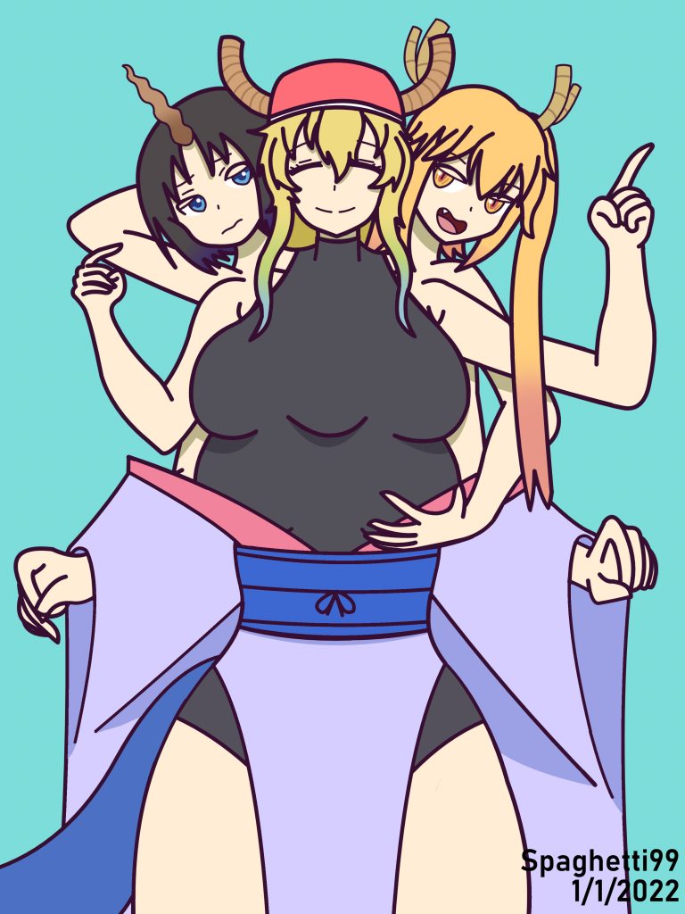 Conjoined Dragons Elma
Elma: "Well, this feels...different..."
Tohru: "Believe me, I'm not really enjoying this, either."
Lucoa: "Speak for yourself, I find this quite enjoyable!"
Elma: "Well, as long as I still get to eat yummy food, I guess I don't mind. Lucoa, could you walk us to the crepe stand? I'm starving!"
Keywords: misskobayashi'sdragonmaid;tohru;elma;lucoa;quetzalcoatl;conjoined;threeheads;fivebreasts;fiveboobs;sixarms;hat