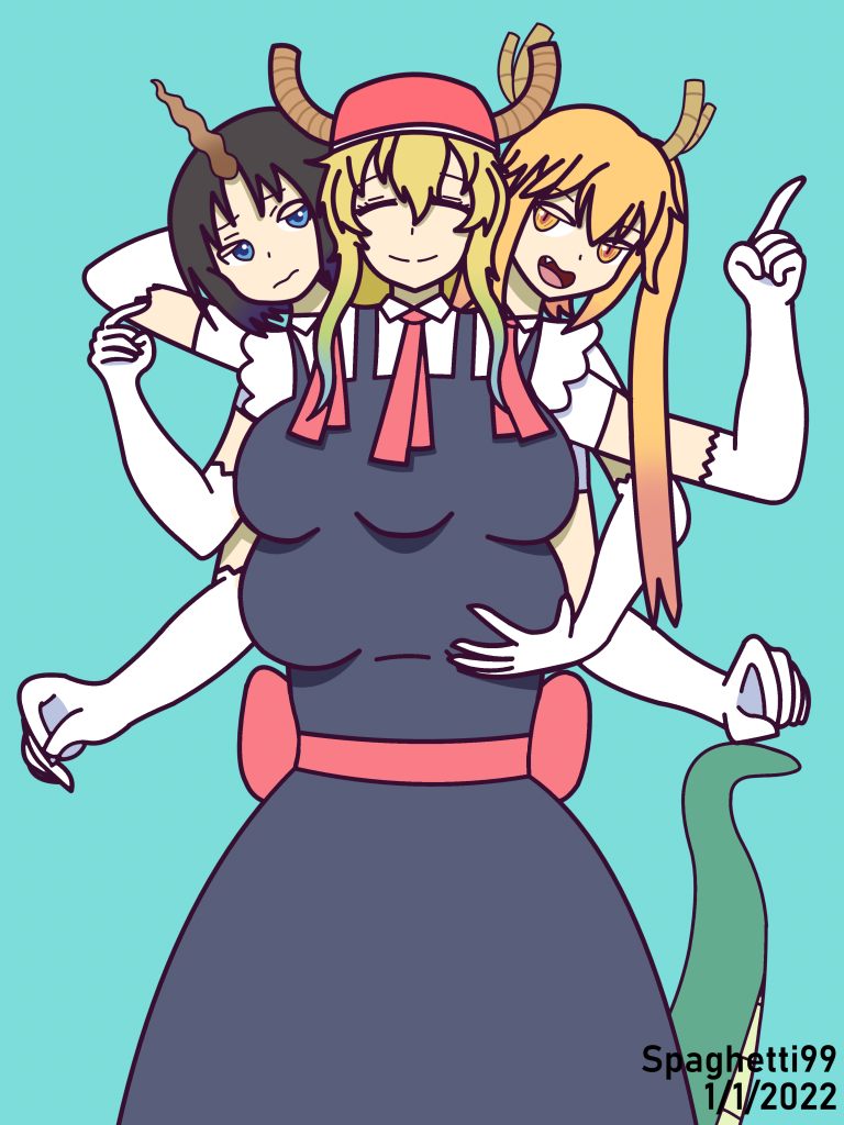 Conjoined Dragons (Tohru)
Tohru: "Oh Miss Kobayashi! Look at this! Now there's more of me for you to love!"
Lucoa: "You do realize this is our body now, right?"
Elma: "Yeah! Besides, you don't even have control over most of it! If anything, this body belongs to Lucoa."
Tohru: "Shut up! I get Miss Kobayashi all to myself!"
Keywords: misskobayashi'sdragonmaid;tohru;elma;lucoa;quetzalcoatl;conjoined;threeheads;fivebreasts;fiveboobs;sixarms;hat