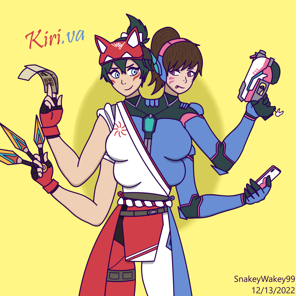 Kiri.va
Kiriko attempted to teleport to a low health D.va, but they instead found themselves stuck together! Fortunately, they make a pretty good pair! 
Keywords: kiriko;d.va;overwatch;overwatch2;multiarm;multibreast;fourarms;fourbreasts;fourboobs;pistol;kunai;ofuda;phone